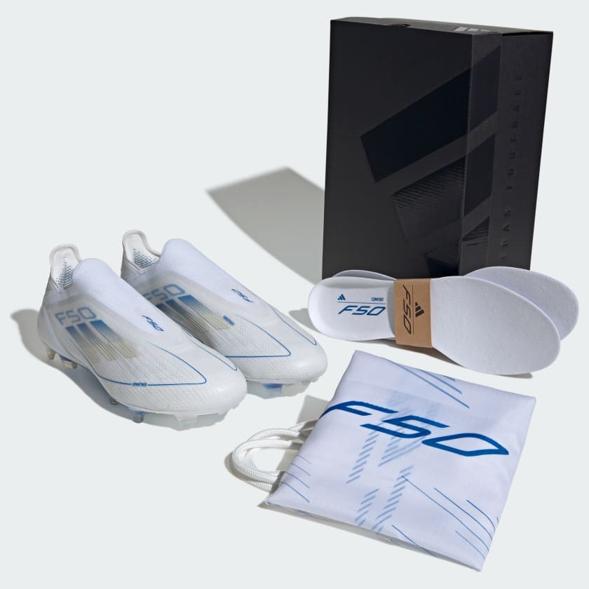 Botín de Fútbol F50 Elite Laceless FG Blanco/Azul